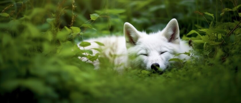 Arctic white fur fox peacefully resting and taking a quiet nap sheltered in tall grass field, alone and enjoying the warm late afternoon sunshine - generative AI