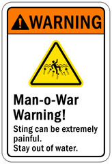 Beach safety warning sign and labels man o war warning, sting can be extremely painful