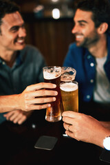 Beer, cheers and man hands drinking with friends at social event in a restaurant with happiness....