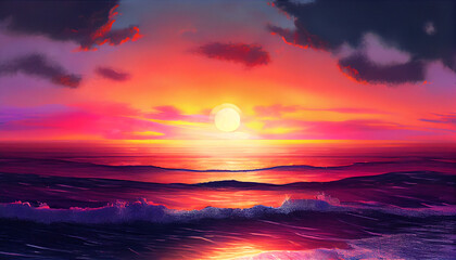 Naklejka na ściany i meble A serene illustration capturing the beauty of a sunset over a lake, featuring a mesmerizing display of vibrant shades of orange, pink, and purple in the sky, generative ai
