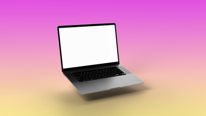 Modern laptop with transparent display in front of gradient background.