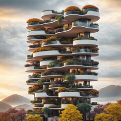 Landscape of a sci-fi futuristic vertical-garden-village residential building in nature, surrounded by lush autumn-colored vegetation, at sunset on a cloudy day  - Generative AI Illustration