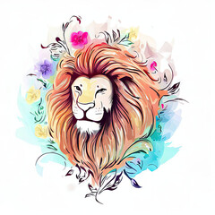 Whimsical Watercolor Illustration of a Lion amidst a Floral Symphony, Generative AI