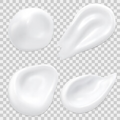 Realistic cosmetic cream smears vector set. White cream drops for skincare product, smear texture illustration.