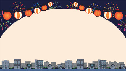 花火と提灯で飾られた夜空と家・マンション・お店・ビルが連なる街並みの背景テンプレート　Background template of a night sky decorated with fireworks and lanterns and a cityscape with a series of houses, apartments, stores, and buildings © arucom_