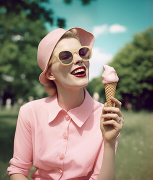 Woman eating ice cream. AI generated image.