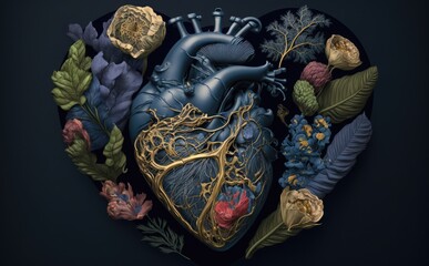 anatomical heart with stylised flowers and leaves. Floral romantic composition for greeting card