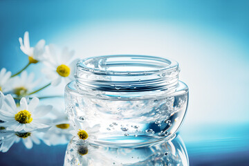 Glass cosmetic jar with organic moisturizing cream with floral fragrance on light blue gradient with meadow daisies. Natural beauty product based on wild plants. Mockup, front view. Generative ai