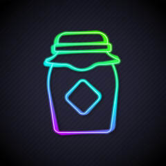 Glowing neon line Jar of honey icon isolated on black background. Food bank. Sweet natural food symbol. Vector