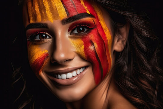 A woman with her face painted in the colors of the flag of spain