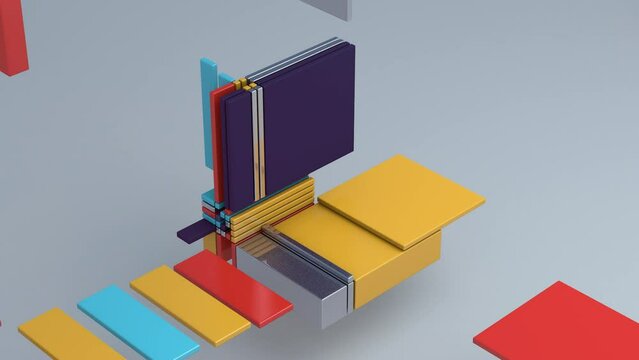 Broken cube. Glass, metallic, plastic rectangles. Abstract animation, 3d render.