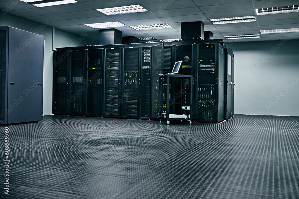 Poster server room, empty or hardware for internet networking connection, servers or cyber security system.