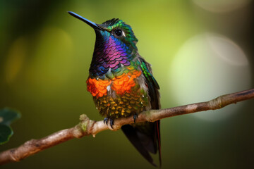 Fototapeta premium Exotic and colorful Panterpe insignis hummingbird sitting on a tree branch in a lush rainforest. AI Generative