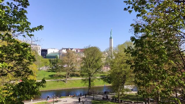 Spring urban landscape in Riga, Latvia. Nature view on a warm sunny day. 