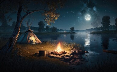 tourist tent camping in nature the forest on the banks of the river, yellow tent, bonfire, moon, hiking,