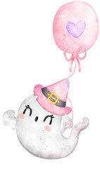 Cute Pink Ghost Halloween watercolor hand painted kawaii cartoon