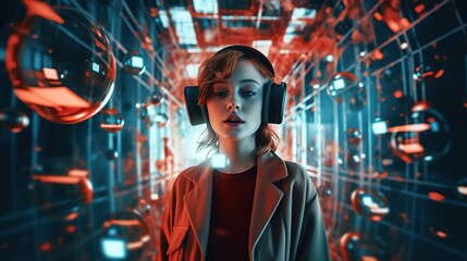 Obraz premium Woman in cyber space, metaverse, online meeting, futuristic background