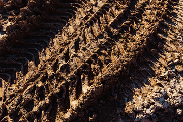 Car tire tread marks on a dirty road. Texture of clay soil in brown tones. Close up