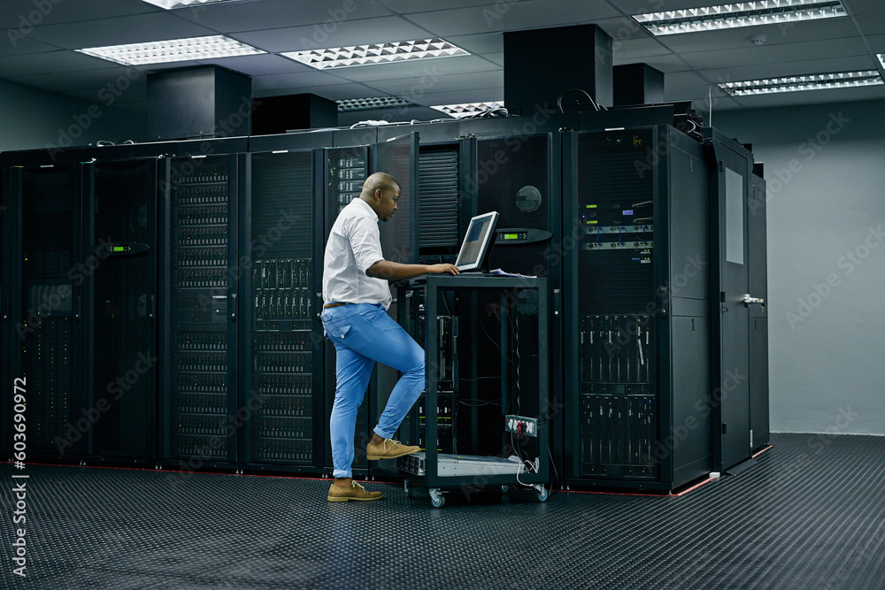 Poster server room, database and information technology with an engineer man at work on a network mainframe
