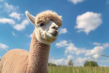 Fototapeta premium A cute alpaca stands in a meadow on a summer day and looks towards the camera (Generative AI, Generativ, KI) 