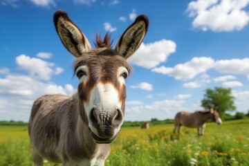 Naklejka na ściany i meble A donkey stands in a pasture and looks into the camera (Generative AI, Generativ, KI)