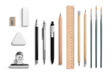 Collection of various pens, pencils, mechanical pencils, brushes, erasers, paper clip and ruler...