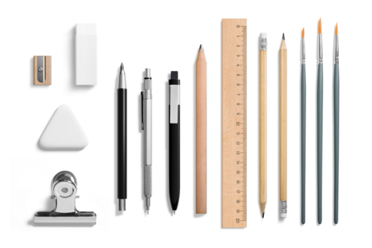 Collection of various pens, pencils, mechanical pencils, brushes, erasers, paper clip and ruler isolated on a transparent background, PNG. High resolution.  - Powered by Adobe