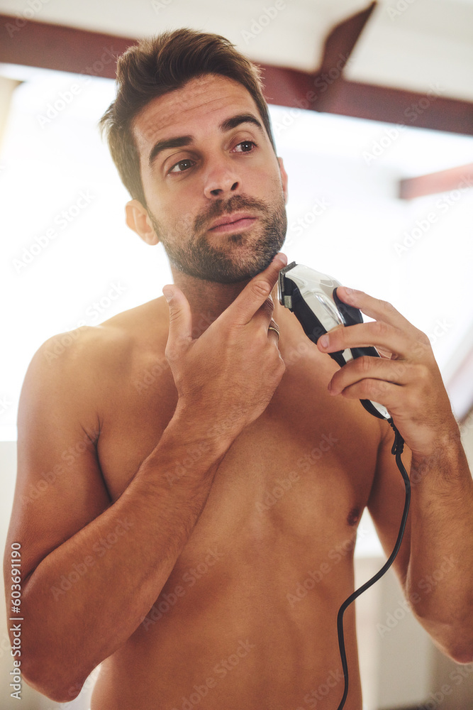 Canvas Prints Man, shaving and face with electrical razor for hair removal, aesthetic skincare or beauty cleaning at home. Shirtless guy shave beard with blade, trimmer and cosmetic tool in bathroom in the morning