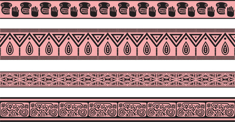 Vector set of pink and black Native American ornamental seamless borders. Framework of the peoples of America, Aztecs, Maya, Incas..