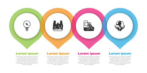 Set Light bulb with leaf, Say no to plastic bags poster, Wastewater and Hand holding Earth globe. Business infographic template. Vector