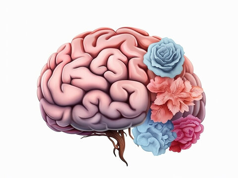 Human brain with flowers, vintage style illustration. Creativity concept. AI generated image.	