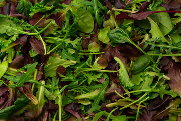 Fresh mix of salads with edible flowers. Top view.