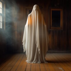 Illustration for Halloween - A ghost dressed in a white costume standing on a wooden floor, in the style of light orange and dark gray. Generative AI