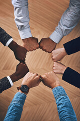 Team building, fist bump or hands of business people for support, diversity or community group in...