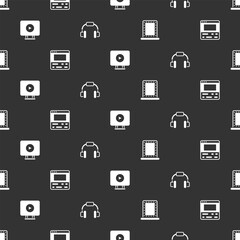 Set Makeup mirror with lights, Video recorder on laptop, Online play video and Headphones on seamless pattern. Vector