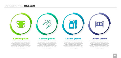 Set Baby diaper, Sperm, Yogurt in bottle with spoon and crib cradle bed. Business infographic template. Vector