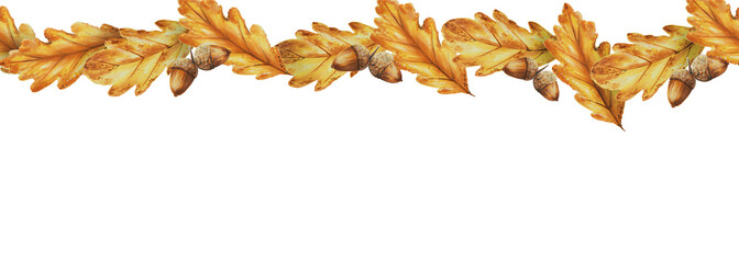 Watercolor seamless border with autumn oak leaves and acorns isolated. Thanksgiving, Halloween illustration for designers, scrapbooking. For designers, postcards, party Invitations, wrap © Natalia