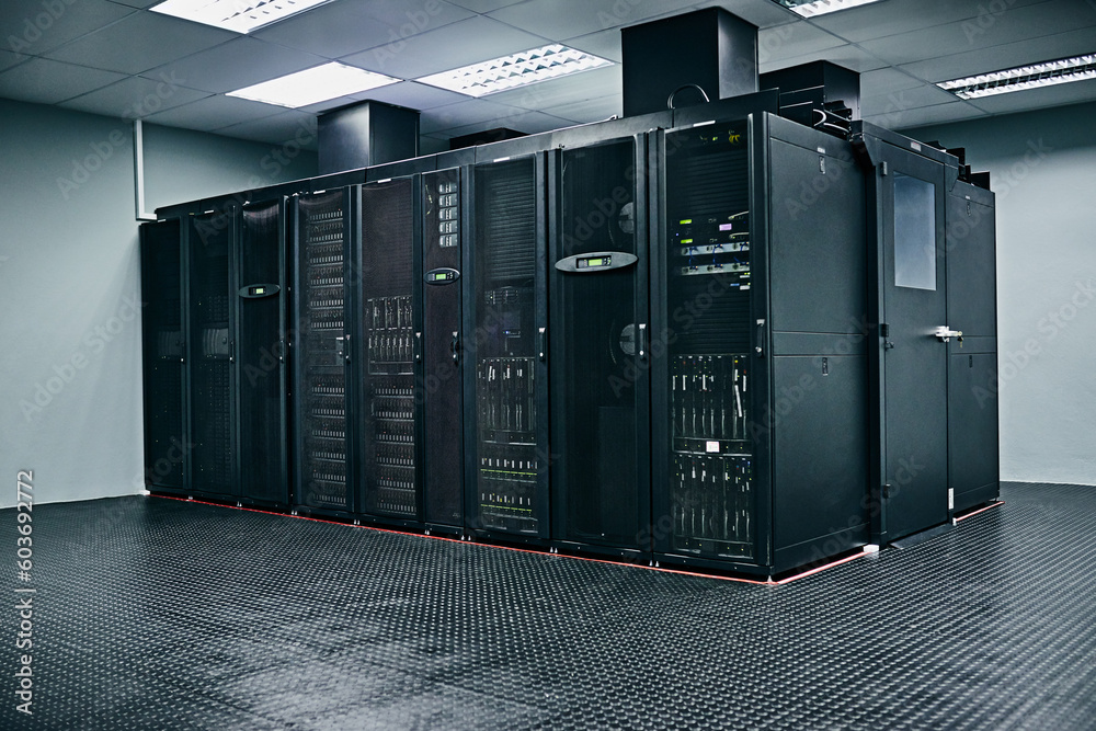 Poster server room, empty or hardware electronics for internet connection, admin servers or cyber security 