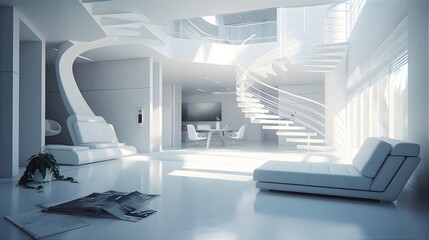 Fototapeta na wymiar Modern interior in white interior and white furniture. Generative AI