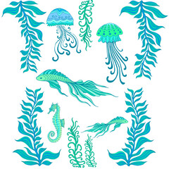 Set cartoon cute animal fish, seahorse, jellyfish, isolated on white. Doodle style funny sea animals.