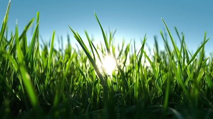 Obraz premium Ground-Level View of a Vibrant Young Green Grass. Generative AI