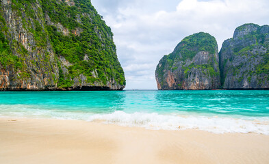 Fototapeta na wymiar View of famous Maya Bay, Thailand. One of the most popular beach in the world. Ko Phi Phi islands. Beach without people.