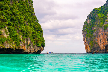 Fototapeta na wymiar View of famous Maya Bay, Thailand. One of the most popular beach in the world. Ko Phi Phi islands. Beach without people.