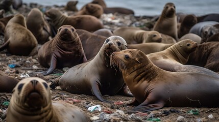 Fototapeta premium A group of sea lions on the polluted beach