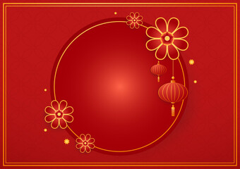 Happy Chinese new year 2024. Chinese new year banner with circle for show product. Greeting card. China frame with lantern on red background.