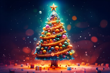 Magic Christmas Tree. Card Template with colorful fir and present boxes. Decorated fairy tale New Year tree, magic moments. Happy New Year and Merry Cristmas banner. Generative AI