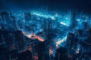 futuristic cityscape with iotas at night