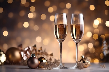 Glasses with champagne and golden Christmas balls against holiday lights. New Year background. Two glasses of champagne on a table in front of blured shiny lights. New Year celebration, Generative AI