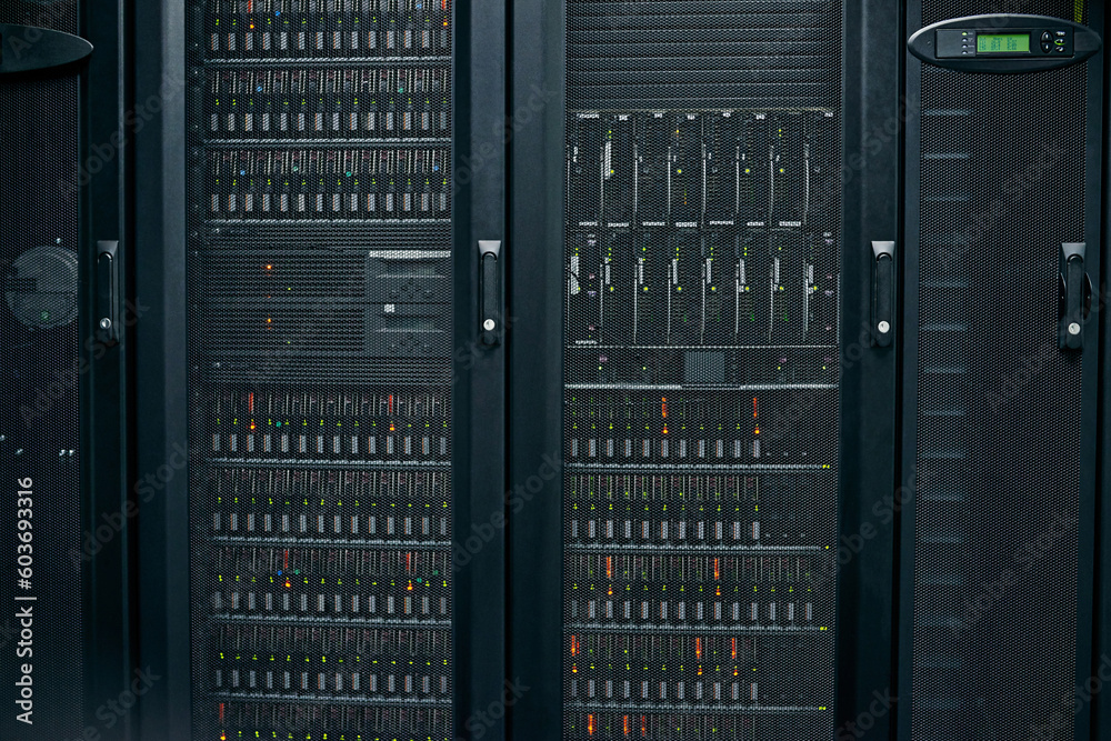 Poster server room, empty or hardware machine for networking connection, admin servers or cyber security sy