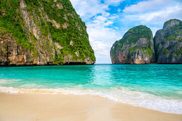 View of famous Maya Bay, Thailand. One of the most popular beach in the world. Ko Phi Phi islands. Beach without people.